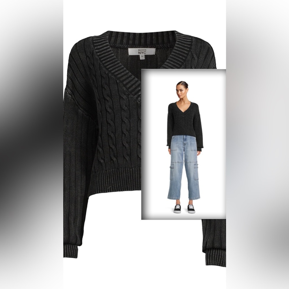 XL Madden NYC Juniors Black Beauty Cable Knit V-Neck Pullover Sweater